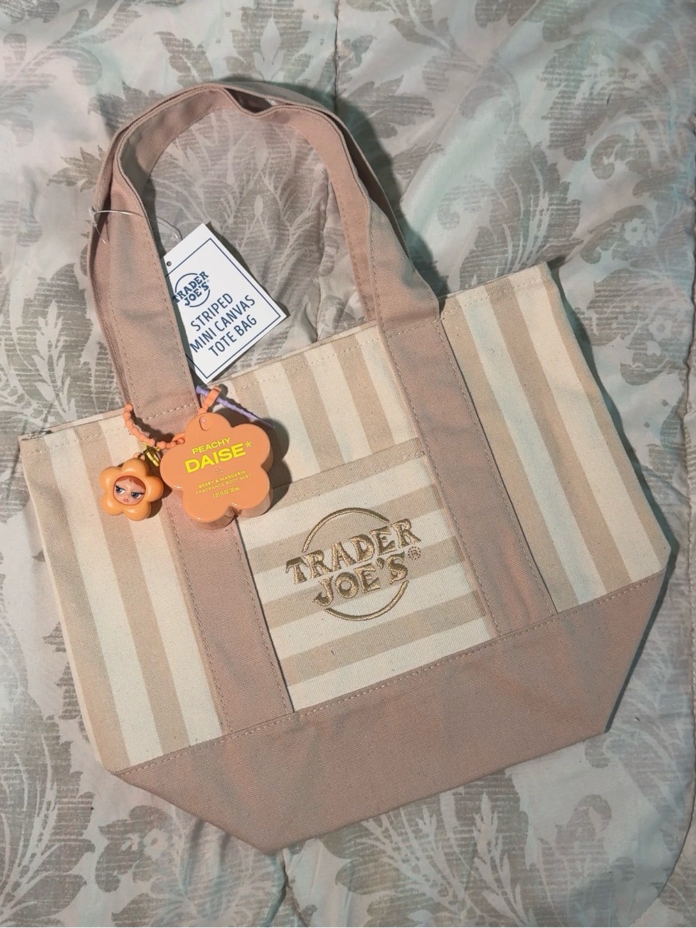 Trader Joe's Stripe Mini Tote w/ Charmed Daisy BodyMist & Dollface Charm - Blush